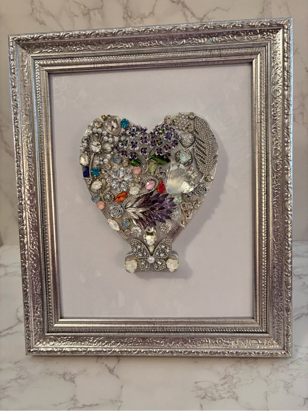 8x10 3D Jewelry Heart Mosaic Art, Vintage Crystal Pearl Framed Decor